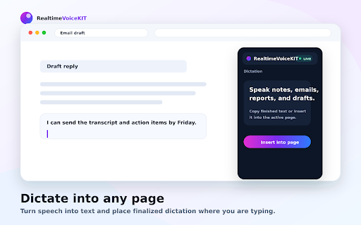 RealtimeVoiceKIT — Transcribe tabs, meetings & voice :: Capture any tab, meeting, or your voice and get live speech-to-text saved straight to your RealtimeVoiceKIT account.