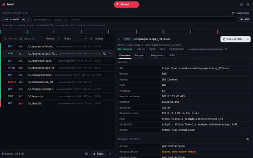 Recurl — Request Recorder & Copy as cURL :: Record API traffic across tabs, inspect request details, copy cURL commands, and export sessions for Postman.