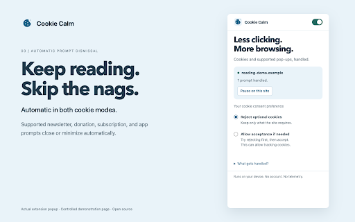 Cookie Calm :: Reject optional cookies and automatically dismiss supported promotional popups. Local rules, protected forms, and per-site pause.