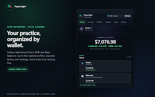 PaperLight :: Practice Solana, Robinhood Chain, BNB and Base spot trades with local paper wallets, chart fills, P&L tracking, and no real orders.