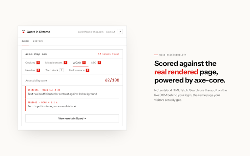 Guard: Website Security & Accessibility Checker :: Scan any page for cookie, header, mixed-content, SEO and WCAG accessibility issues, right from your own browser tab.