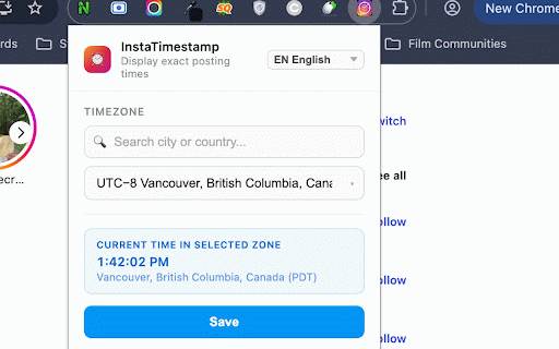InstaTimestamp :: See the exact time Instagram posts were published. Replaces vague times like '2h' with precise timestamps. Supports 120+ timezones.
