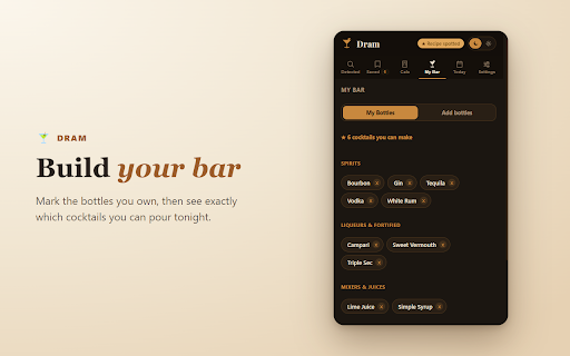 Dram — Cocktail Recipes & Your Bar :: Spot cocktail recipes on any page — scale, batch with dilution water, and track your bar.