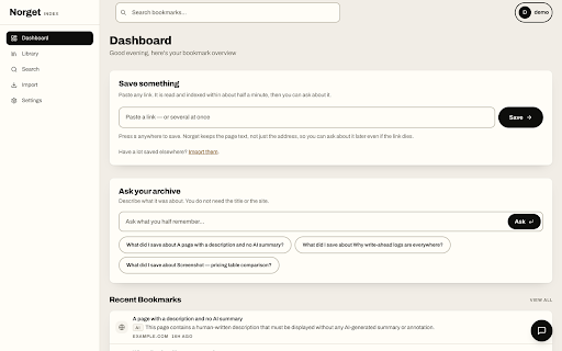Norget - Smart Bookmark Manager :: Save a page in one click. Norget keeps the text, so you can ask questions about what you've read and get answers with sources.