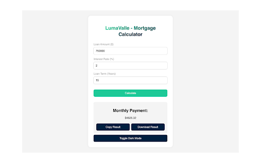 Lumavalle Mortgage Calculator :: LumaValle – Mortgage Calculator
Estimate your monthly mortgage payments in seconds with this clean, easy-to-use calculator. Just…
