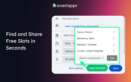 Overlappr - Timezone Extension for Google Calendar :: Add multiple timezones to Google Calendar and share available slots in just 3 clicks.