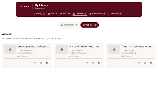 StudyCog Web Capture :: Capture selected text or an area of any web page straight into your StudyCog library.