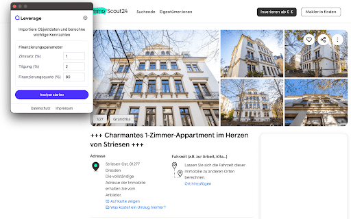Levi: Immobilien Cashflow & Mietrendite berechnen :: Lade Objektdaten aus ImmoScout24, ImmoWelt und anderen Immobilienportalen und erstelle eine vollständige Kalkulation in Leverage