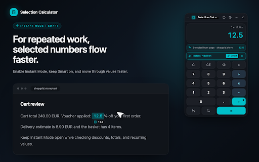 Selection Calculator - Highlight & Calculate :: Floating calculator for website numbers, with Instant Mode, pause control and decimal separator settings.