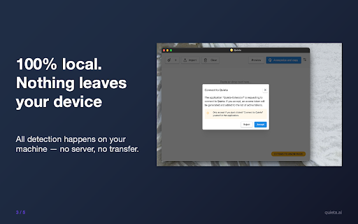 Quieta — Local anonymization for chatbots :: Anonymize your personal data before sending it to a chatbot. 100% local, via Quieta Desktop. No data ever leaves your machine.