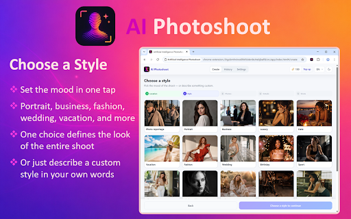 Artificial Intelligence Photoshoot :: Use Artificial Intelligence Photoshoot to create professional AI portraits and studio photos in just a few clicks.