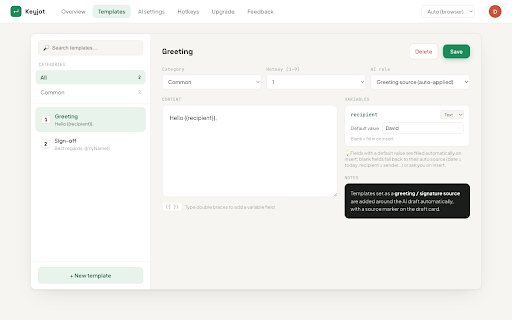 Keyjot — AI Reply, Email Templates, Snippets, Text Expander: Gmail, Outlook :: AI replies, templates, snippets and canned responses in any text box. One hotkey works across LinkedIn, Outlook, Gmail and more.