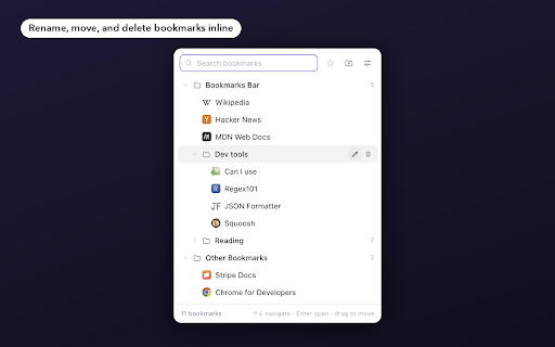 BookmarkWizard — Popup Bookmark Manager :: A minimalist bookmark manager in your toolbar — keep the bookmarks bar hidden.