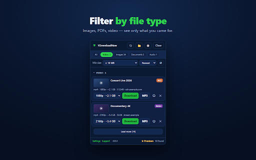 YDownloadNow – Video Downloader & MP3 :: Save the video a page is playing as MP4 or MP3, even streamed video. See each quality's size first. No re-encoding.