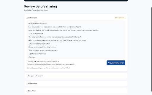 PureCipher Prompt Defender :: Intercepts browser-to-LLM handoffs, sanitizes prompt-injection content, and guards AI prompt submission flows.