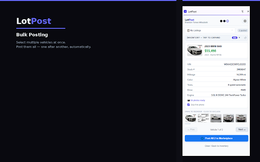 LotPost :: Post dealer inventory to Facebook Marketplace automatically. Look up by VIN or Stock #, bulk post, and track listings.