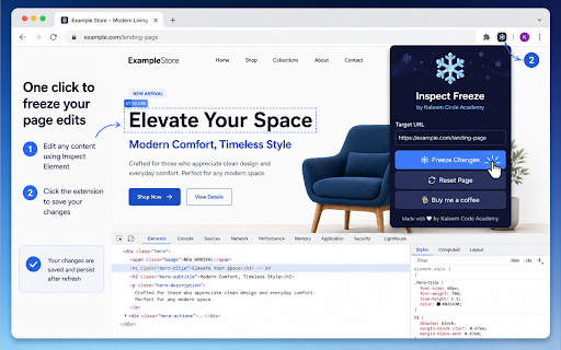 Inspect Freeze by Kaleem Code Academy :: Freeze the changes you make to a page with Inspect Element so they persist after refreshing.