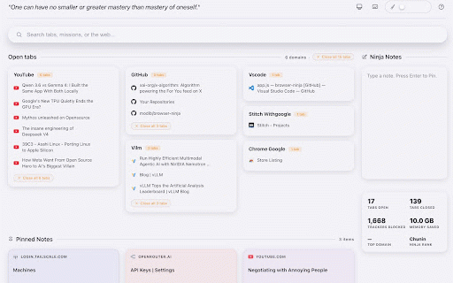 Browser Ninja :: Browser Ninja: Your ultimate productivity dashboard. Manage open tabs and take quick notes on a beautiful, gamified new tab page.