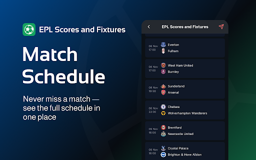 EPL Scores and Fixtures :: Follow live Premier League fixtures, results, standings & stats. Get real-time updates on matches, clubs, and players in Chrome.