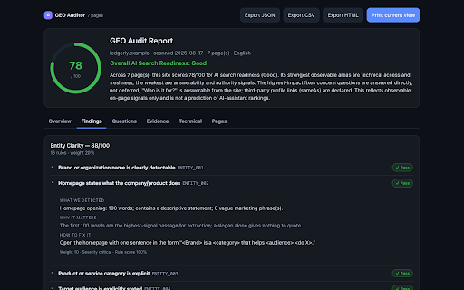 GEO Auditor — AI Search Readiness :: Rule-based audit of how well a site is structured for AI search to understand and cite. Runs locally: no AI, no backend.