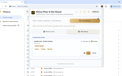 History Picker & Site Cleaner :: Delete site history in bulk, clear cookies/site data, and auto-clean after the last tab closes.