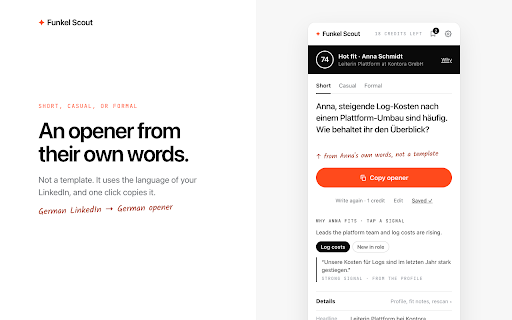 Funkel Scout – LinkedIn Fit Score & Opener :: Score any LinkedIn profile against your buyer and get a first line written from their own words.