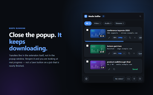 Video & Stream Downloader — Media Sniffer :: Finds video and audio streams on the page you are viewing and saves them to your computer.