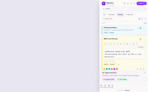 Notewise – Smart Site Notes :: Instantly jot notes tied to any website. Pin, tag, search, color-code and export notes – all stored locally. No account needed.