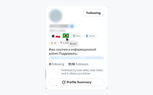 X-Pat — X profile location, filter and highlight :: See the country any X profile posts from — country flags, VPN warnings, and country filters, read from X's own data.