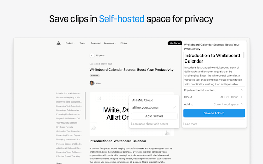AFFiNE Web Clipper :: Save pages in a private and durable format that you can access offline. The official extension for AFFiNE.
