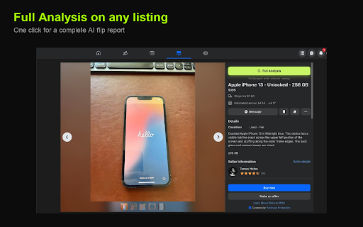 Flippr :: AI flip analysis for Facebook Marketplace. Pro: live deal tickers as you browse. Full profit reports on every listing.