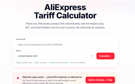 AliExpress Tariffs - AliExpress Tariff Calculator by AliTariffs :: See the real landed cost (duty + VAT) on every AliExpress product. Free, no signup. 30+ countries. Auto-applies affiliate links.