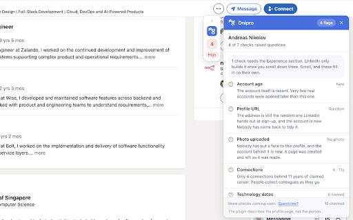 Dnipro: Profile Checker for LinkedIn :: Reads LinkedIn profiles for signals pointing to fabricated profiles.