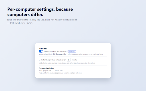 Nightlatch — Profile Lock for Google Chrome™ :: Password-lock your Chrome profile on shared computers. The lock state never syncs — unlocking at home never unlocks the lab machine.