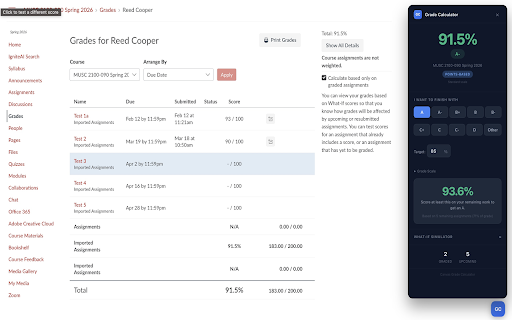 Canvas Grade Calc — What Do I Need? :: See your real grade, simulate what-if scenarios, and find out what you need to pass. Works on any Canvas LMS page.