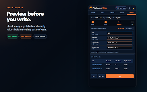 Veeva Vault Admin Helper :: Productivity tool for Veeva Vault CRM admins - API badges, record editing, metadata export (CSV/XLSX/JSON), bulk import and search.