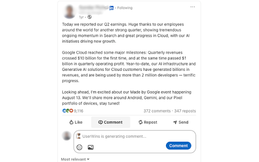 UserWins AI - LinkedIn Assistant :: LinkedIn comment generator that creates personalized, engaging comments for professional networking.