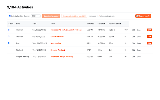 Strava Bulk GPX Export :: Bulk export from Strava's My Activities - GPX, TCX, original files, or one merged GPX. Runs locally in your browser.