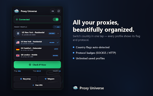 Proxy with Login & Password — Proxy Universe :: One-click proxy connection: HTTP/HTTPS/SOCKS, authentication, IP geolocation and WebRTC leak protection.