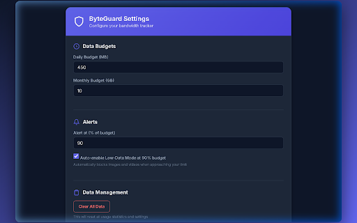 ByteGuard — Bandwidth Budget Tracker :: Monitor, manage, and optimize your bandwidth usage with real-time tracking, smart budgets, and data-saving controls.