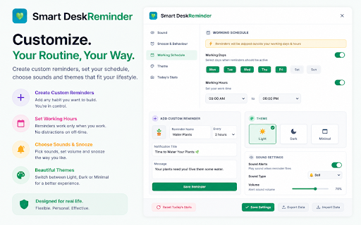 Smart Desk Reminder — Health & Productivity Reminder :: Smart reminders for water, eye rest, stretch, walk & medicine. Live timers, working hours, custom reminders. Free.