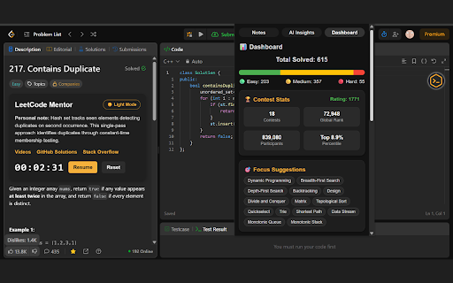 LeetCode Mentor :: AI-powered LeetCode companion: pseudocode hints, smart insights, personal notes & progress dashboard. Ace your coding interviews.