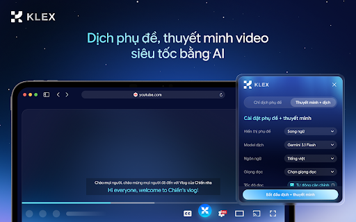 Klex :: Trợ lý dịch Klex - Dịch tức thì trang web, hội thoại chat và phụ đề video ngay trên trình duyệt — nhanh, gọn, không rời trang.