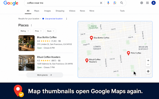 Return Google Maps :: Restores the Maps tab and clickable map thumbnails on Google Search (EU).