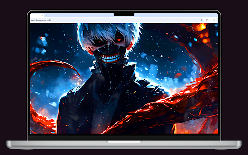 Ken Kaneki Live Wallpaper :: Ken Kaneki stands with glowing red eyes, a crimson arm, and snow falling on a blue backdrop.