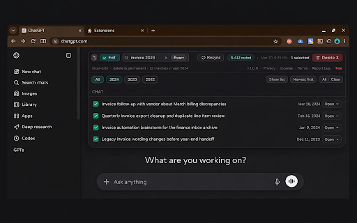 ChatGPT Bulk Delete :: Bulk delete ChatGPT chats faster with local search, year filters, and loaded Project chat selection.