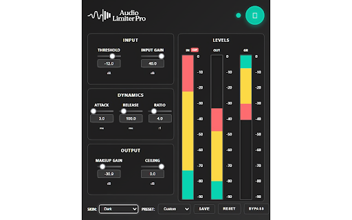 Audio Limiter Pro :: Professional audio limiter and compressor for web content. Control dynamics, prevent clipping, enhance listening.