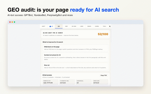 AI SEO & GEO Site Audit :: AI audit of SEO and GEO right on the page: action plan (what to rewrite), meta tags, headings and AI-bot access check.