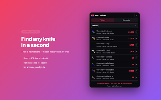 MM2 Values & Trade Calculator :: MM2 values and trade calculator. Look up any knife or gun and check a trade is a win before you accept.
