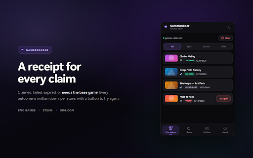 GameGrabber — Free Game Claimer :: Finds games that are temporarily free to keep on Epic, Steam and GOG, and claims them for you before the giveaway ends.